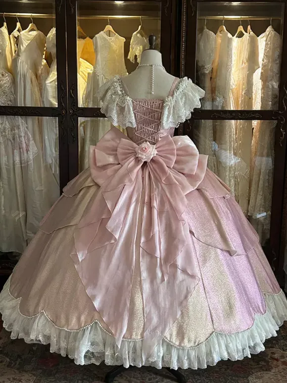Fairy Lolita Dresses Pink Ball Gown Beaded Flowers Back Bow Lace Bandage Lace Sleeves Lolita Dress