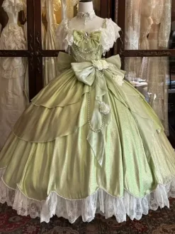 Fairy Lolita Dresses Pink Ball Gown Beaded Flowers Back Bow Lace Bandage Lace Sleeves Lolita Dress