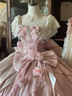 Fairy Lolita Dresses Pink Ball Gown Beaded Flowers Back Bow Lace Bandage Lace Sleeves Lolita Dress