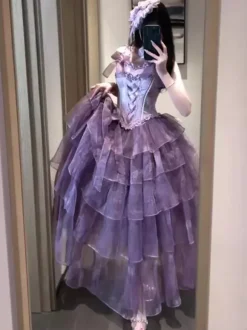 Fairy Lolita Dresses Purple Black Ruffles Corset Lace Bow Bandage Lolita Dress
