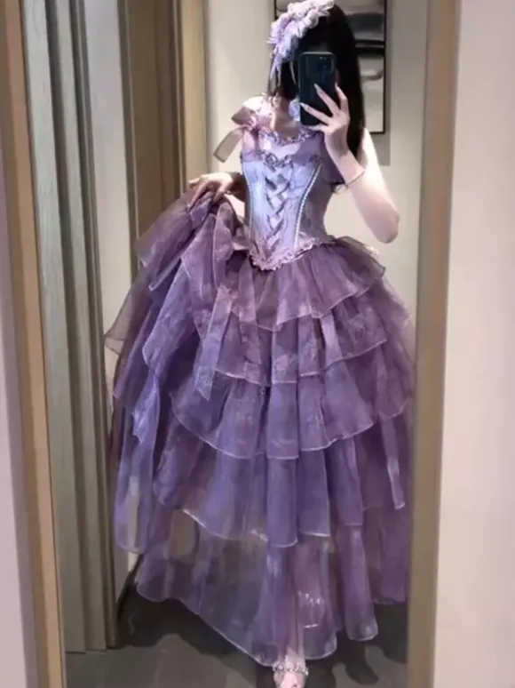Fairy Lolita Dresses Purple Black Ruffles Corset Lace Bow Bandage Lolita Dress