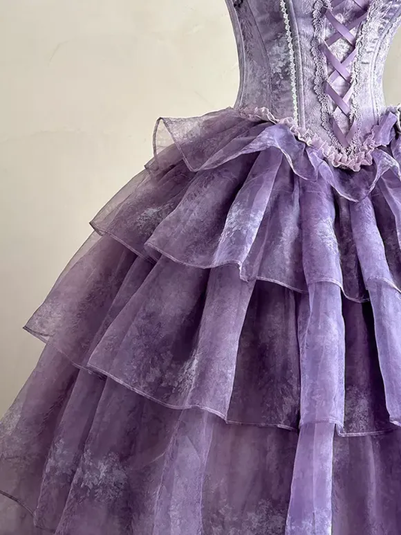 Fairy Lolita Dresses Purple Black Ruffles Corset Lace Bow Bandage Lolita Dress