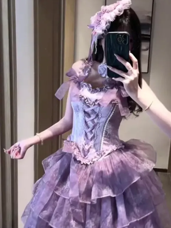 Fairy Lolita Dresses Purple Black Ruffles Corset Lace Bow Bandage Lolita Dress