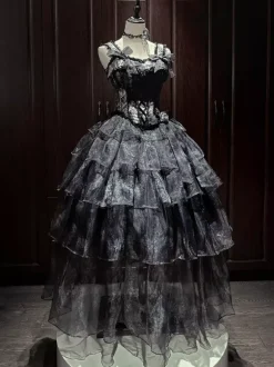 Fairy Lolita Dresses Purple Black Ruffles Corset Lace Bow Bandage Lolita Dress