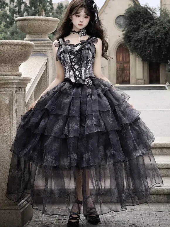 Fairy Lolita Dresses Purple Black Ruffles Corset Lace Bow Bandage Lolita Dress