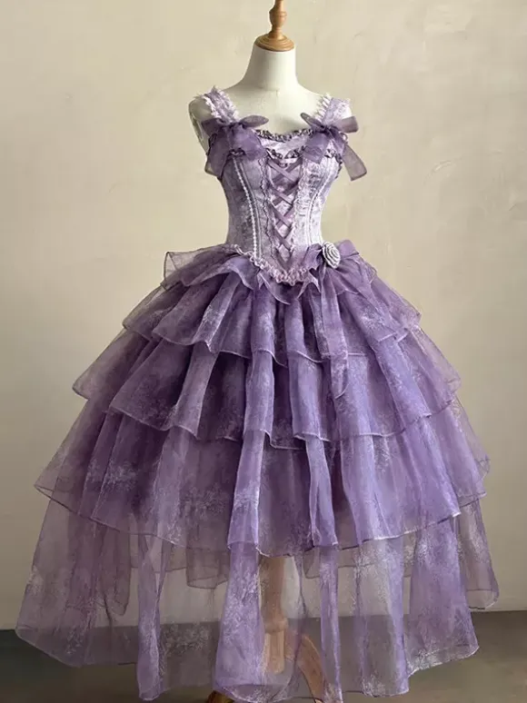 Fairy Lolita Dresses Purple Black Ruffles Corset Lace Bow Bandage Lolita Dress