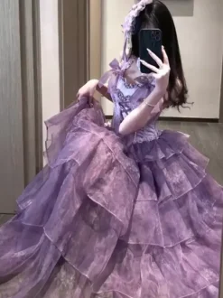 Fairy Lolita Dresses Purple Black Ruffles Corset Lace Bow Bandage Lolita Dress