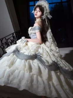 Fairy Lolita Dresses White Ruffles Off The Shoulder Floor Length Lolita Tea Party Prom Dress