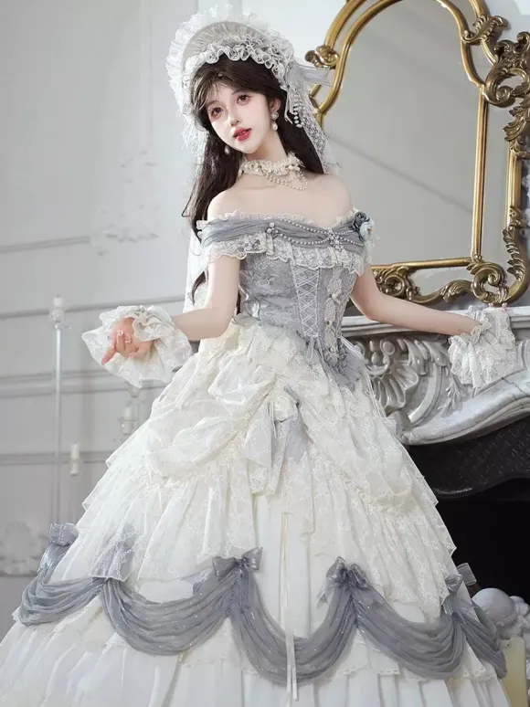Fairy Lolita Dresses White Ruffles Off The Shoulder Floor Length Lolita Tea Party Prom Dress
