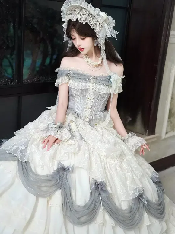 Fairy Lolita Dresses White Ruffles Off The Shoulder Floor Length Lolita Tea Party Prom Dress