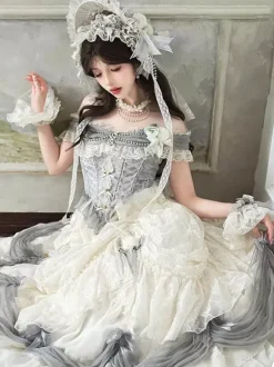 Fairy Lolita Dresses White Ruffles Off The Shoulder Floor Length Lolita Tea Party Prom Dress