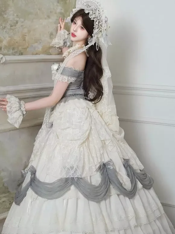 Fairy Lolita Dresses White Ruffles Off The Shoulder Floor Length Lolita Tea Party Prom Dress
