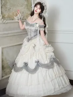 Fairy Lolita Dresses White Ruffles Off The Shoulder Floor Length Lolita Tea Party Prom Dress