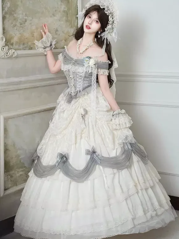 Fairy Lolita Dresses White Ruffles Off The Shoulder Floor Length Lolita Tea Party Prom Dress