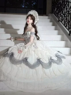 Fairy Lolita Dresses White Ruffles Off The Shoulder Floor Length Lolita Tea Party Prom Dress