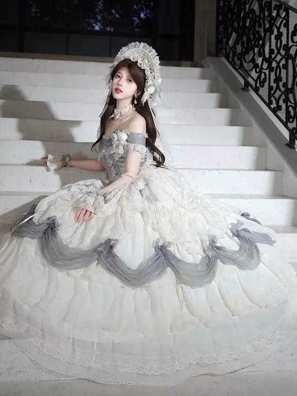 Fairy Lolita Dresses White Ruffles Off The Shoulder Floor Length Lolita Tea Party Prom Dress
