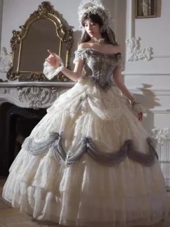 Fairy Lolita Dresses White Ruffles Off The Shoulder Floor Length Lolita Tea Party Prom Dress