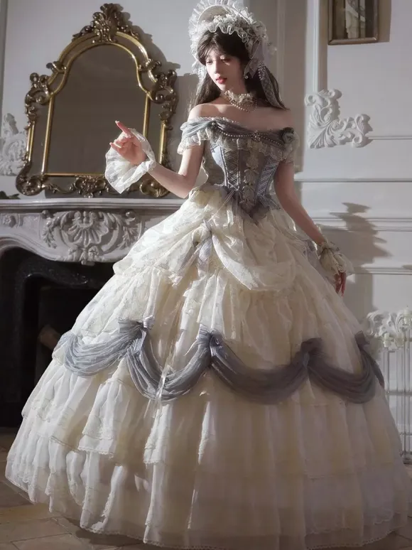Fairy Lolita Dresses White Ruffles Off The Shoulder Floor Length Lolita Tea Party Prom Dress