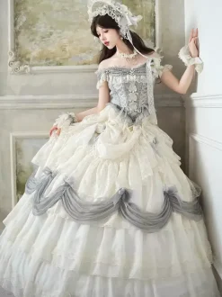 Fairy Lolita Dresses White Ruffles Off The Shoulder Floor Length Lolita Tea Party Prom Dress