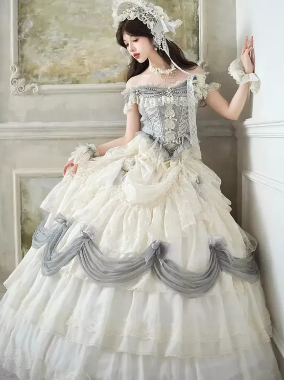 Fairy Lolita Dresses White Ruffles Off The Shoulder Floor Length Lolita Tea Party Prom Dress