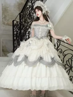 Fairy Lolita Dresses White Ruffles Off The Shoulder Floor Length Lolita Tea Party Prom Dress