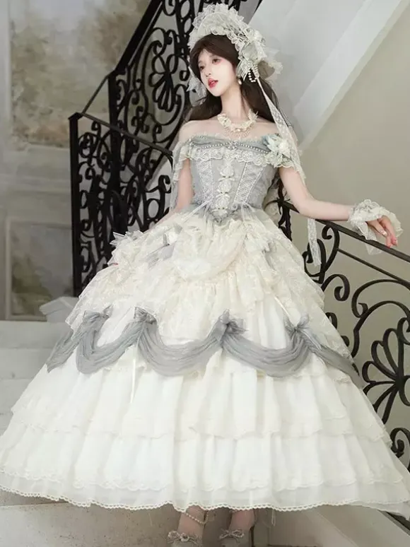 Fairy Lolita Dresses White Ruffles Off The Shoulder Floor Length Lolita Tea Party Prom Dress
