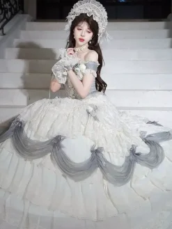Fairy Lolita Dresses White Ruffles Off The Shoulder Floor Length Lolita Tea Party Prom Dress