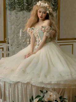 Fairy Lolita Dresses White Flowers Bows Off The Shoulders Short Sleeves Vintage Lolita Dress
