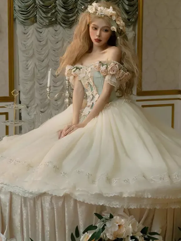 Fairy Lolita Dresses White Flowers Bows Off The Shoulders Short Sleeves Vintage Lolita Dress