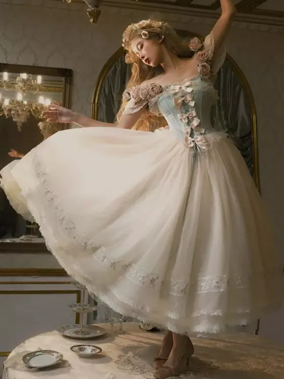 Fairy Lolita Dresses White Flowers Bows Off The Shoulders Short Sleeves Vintage Lolita Dress