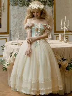 Fairy Lolita Dresses White Flowers Bows Off The Shoulders Short Sleeves Vintage Lolita Dress