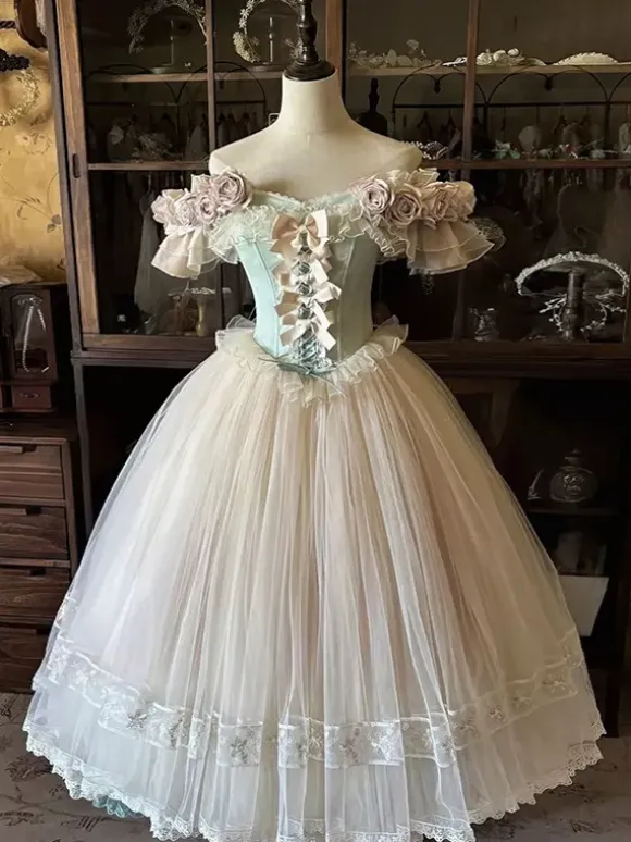 Fairy Lolita Dresses White Flowers Bows Off The Shoulders Short Sleeves Vintage Lolita Dress