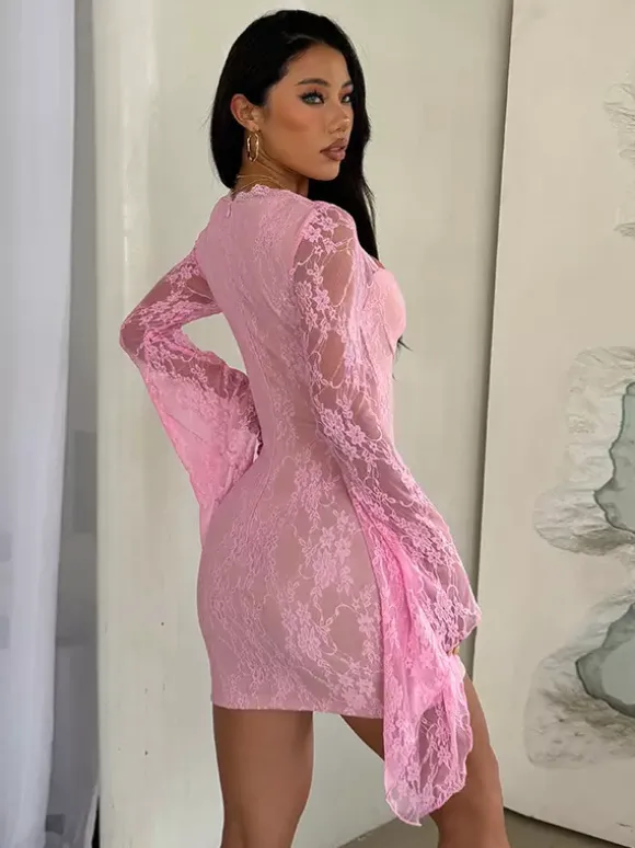 Fairycore Lace Bodycon Mini Dress For Women - Pink Bell Sleeve Slim Fit - Spring Romantic Date Night 2026