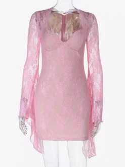 Fairycore Lace Bodycon Mini Dress For Women - Pink Bell Sleeve Slim Fit - Spring Romantic Date Night 2026