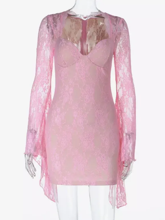 Fairycore Lace Bodycon Mini Dress For Women - Pink Bell Sleeve Slim Fit - Spring Romantic Date Night 2026
