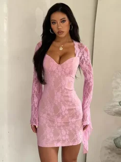 Fairycore Lace Bodycon Mini Dress For Women - Pink Bell Sleeve Slim Fit - Spring Romantic Date Night 2026