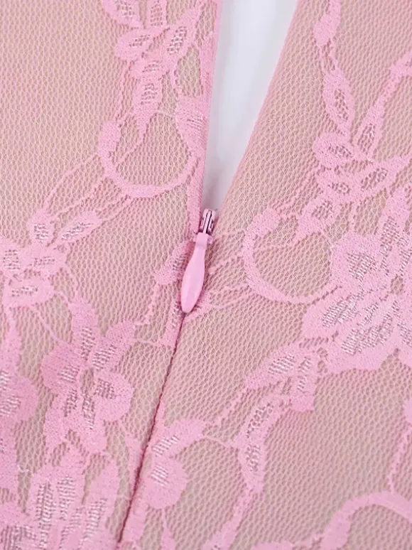 Fairycore Lace Bodycon Mini Dress For Women - Pink Bell Sleeve Slim Fit - Spring Romantic Date Night 2026