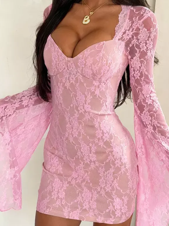 Fairycore Lace Bodycon Mini Dress For Women - Pink Bell Sleeve Slim Fit - Spring Romantic Date Night 2026