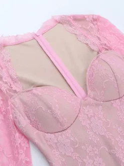 Fairycore Lace Bodycon Mini Dress For Women - Pink Bell Sleeve Slim Fit - Spring Romantic Date Night 2026