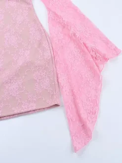 Fairycore Lace Bodycon Mini Dress For Women - Pink Bell Sleeve Slim Fit - Spring Romantic Date Night 2026