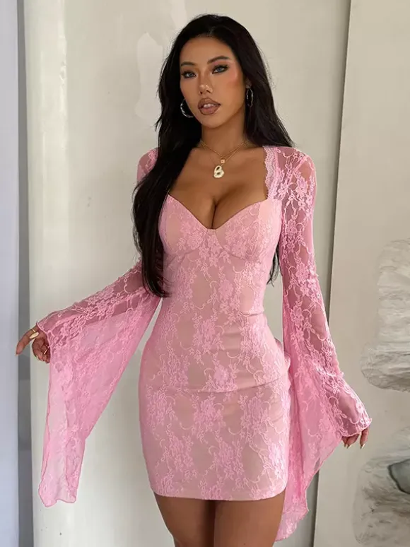 Fairycore Lace Bodycon Mini Dress For Women - Pink Bell Sleeve Slim Fit - Spring Romantic Date Night 2026