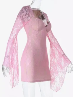 Fairycore Lace Bodycon Mini Dress For Women - Pink Bell Sleeve Slim Fit - Spring Romantic Date Night 2026