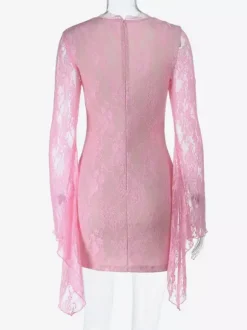Fairycore Lace Bodycon Mini Dress For Women - Pink Bell Sleeve Slim Fit - Spring Romantic Date Night 2026