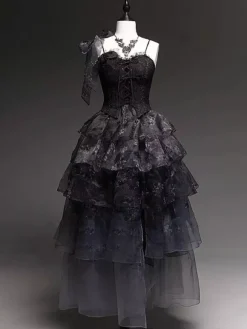 Fairy Lolita Dresses Black Spaghetti Lace Ruffles Lolita Tea Party Dress
