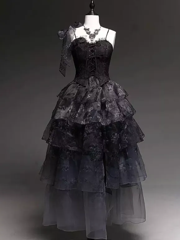 Fairy Lolita Dresses Black Spaghetti Lace Ruffles Lolita Tea Party Dress