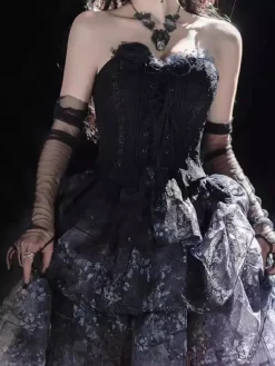 Fairy Lolita Dresses Black Spaghetti Lace Ruffles Lolita Tea Party Dress