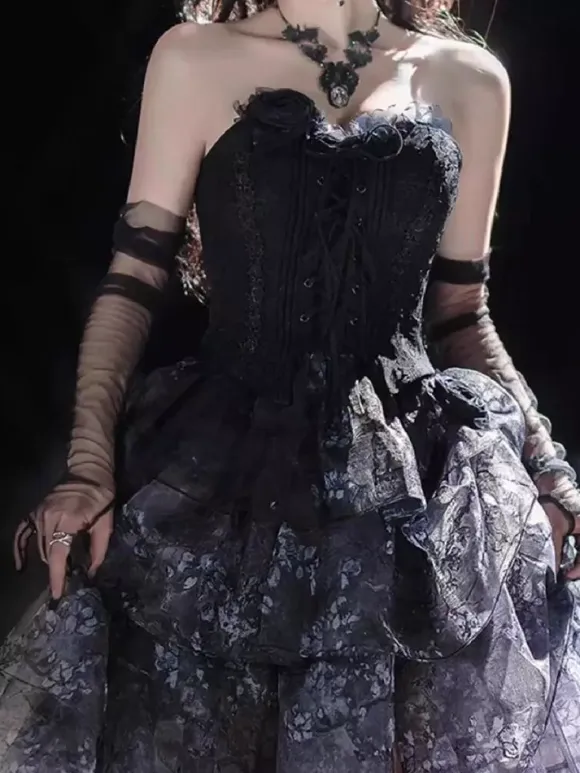 Fairy Lolita Dresses Black Spaghetti Lace Ruffles Lolita Tea Party Dress