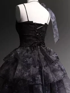 Fairy Lolita Dresses Black Spaghetti Lace Ruffles Lolita Tea Party Dress