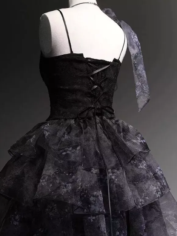 Fairy Lolita Dresses Black Spaghetti Lace Ruffles Lolita Tea Party Dress