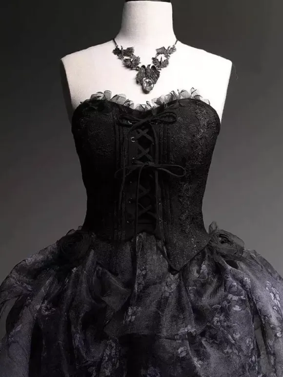 Fairy Lolita Dresses Black Spaghetti Lace Ruffles Lolita Tea Party Dress